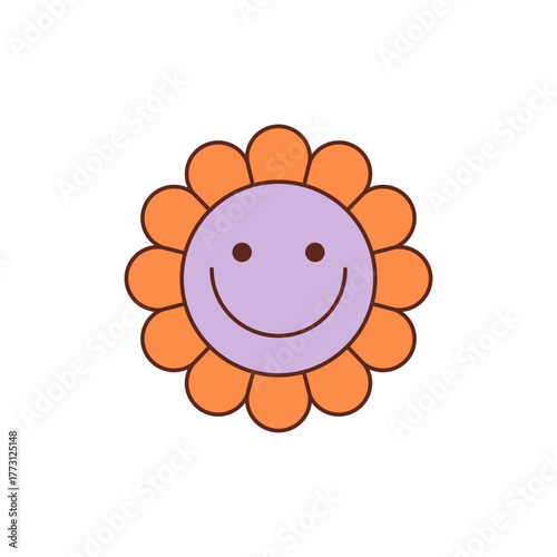 Groovy retro flower face sticker in cartoon graphic style and happy orange color. Cute smile as a groovy element, y2k vibe with playful feel. Bright accent for vintage sticker or fun happy decor.