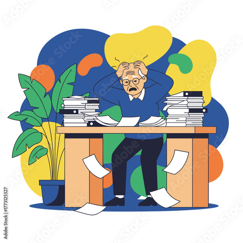 Stressed senior man overwhelmed by massive piles of office paperwork and documents