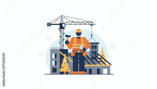 Winter construction worker with hammer and blueprints on a site decorated for Christmas
