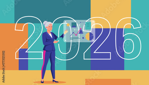 Senior businesswoman presenting 2026 financial forecast and growth plan