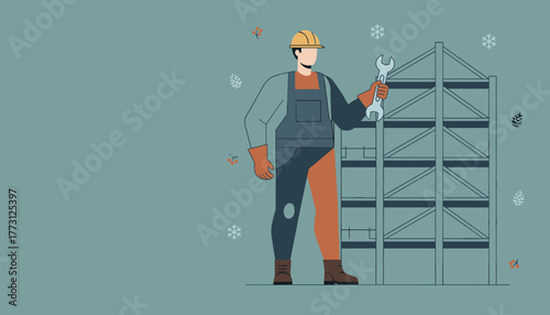 Winter construction worker illustration with wrench and building frame