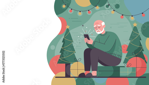 Lonely senior man using smartphone at Christmas Holiday isolation and depression concept