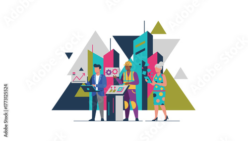 Collaboration diverse team using tech for growth against a geometric cityscape background
