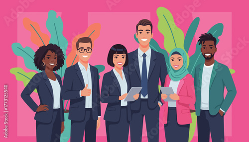 Diverse smiling business team stands confidently against a vibrant pink and green background