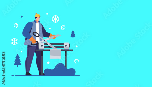 Man cutting material with large scissors in a winter holiday or crafting illustration