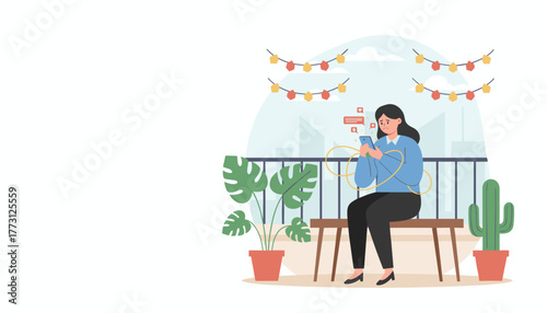 Sad woman obsessed with phone trapped by social media notifications