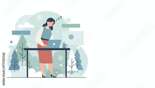 A tired businesswoman sleeping while working on a laptop during the cold winter season