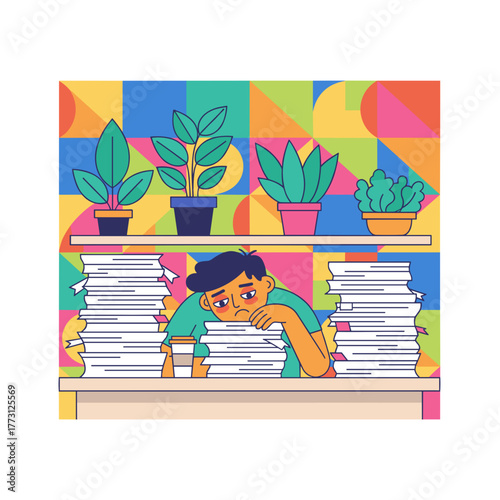 Tired employee overwhelmed by excessive paperwork stacks symbolizing stress and burnout