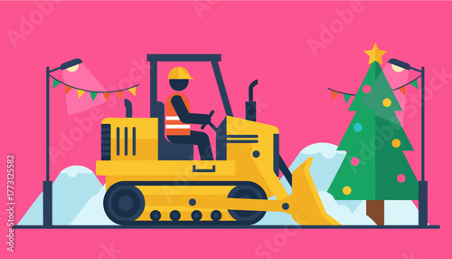Bulldozer clearing snow near a decorated Christmas tree Winter holiday construction work illustration