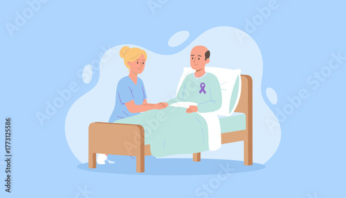 Nurse supports ill patient with awareness ribbon in hospital Empathy and medical care concept