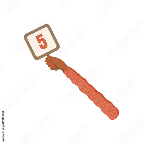 Cartoon hand holding five square icon for feedback and review. Isolated symbol of customer rank and satisfaction. Useful for rating, star score, or business performance evaluation tools.
