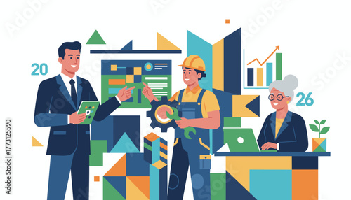 Diverse team collaborating on business growth industry and technology illustration