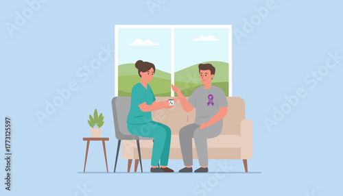 Healthcare professional gives medicine to patient with purple awareness ribbon Support and home care
