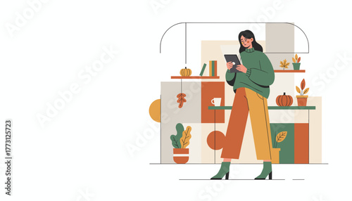 Woman reading tablet in cozy autumn room Fall lifestyle technology and relaxation