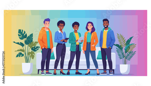 Diverse modern business team standing confidently in a colorful office workspace smiling for success