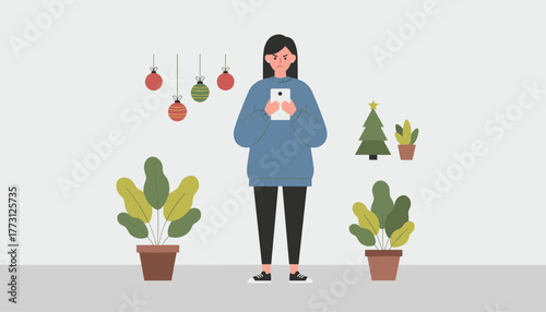 Upset woman using smartphone in a festive room Digital frustration holiday stress or bad news concept