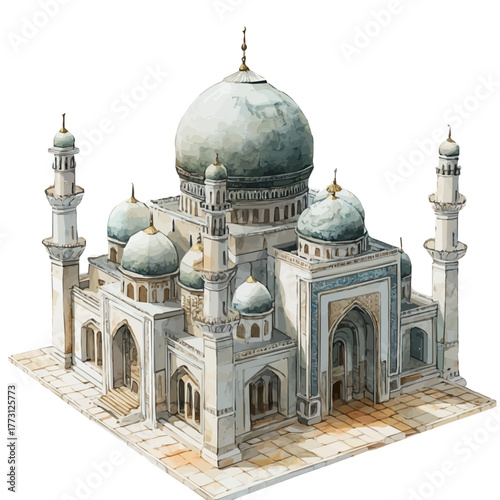 Great Mosque Of DjennA, watercolor painting vector, isolated on a white background.