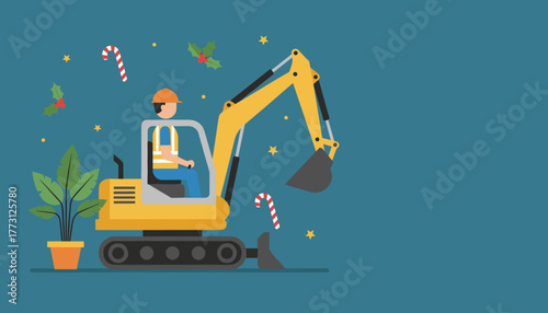 Mini excavator driver celebrates Christmas at work flat vector illustration on blue background