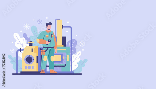 Professional HVAC technician performs maintenance on heating system infrastructure during winter