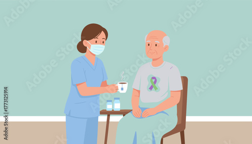 Caregiver giving tea to senior patient with awareness ribbon Medical support illustration