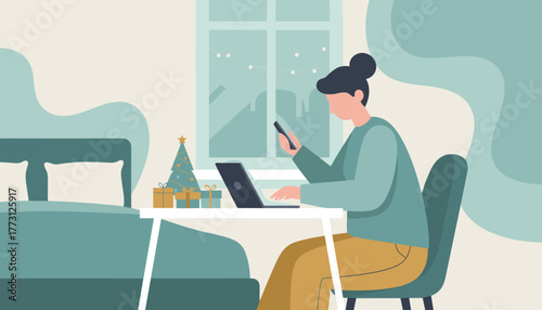Woman remote workingshopping on laptop and phone in a festive home office