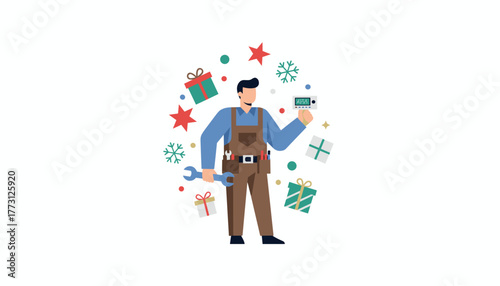 Maintenance worker offering Christmas and winter repair services surrounded by festive gifts