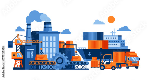 Industrial supply chain with manufacturing facility shipping vessel and transportation truck