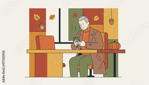 Senior man using smartphone at an autumnthemed desk Fall season illustration