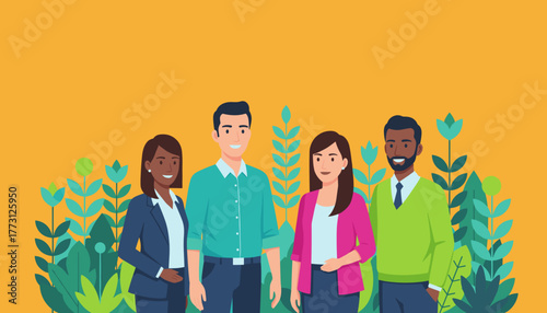 Diverse professional team illustration smiling against a backdrop of nature and growth symbols