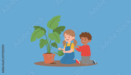 Smiling kids kneeling caring for a potted plant with a watering can Early education concept