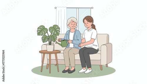 Caregiver supporting happy senior woman watering houseplants at home