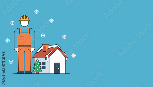 Professional builder illustration standing by a snowy house Winter maintenance concept