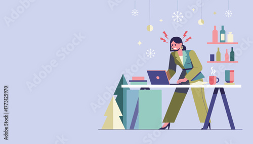 Stressful holiday deadline Angry businesswoman works hard on laptop in winter office