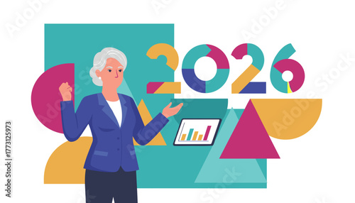 Professional senior woman presents 2026 financial data visualization and business growth