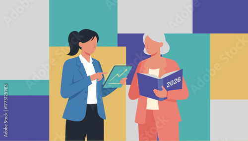 Businesswomen plan 2026 strategy using tablet data and notebook Collaboration and future growth