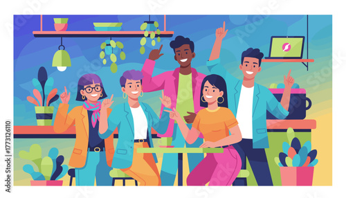 Diverse young friends gathered in a trendy cafe celebrating achievement and pointing enthusiastically