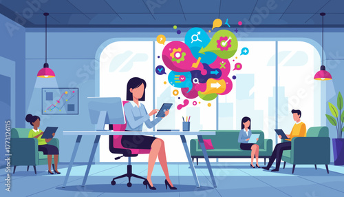 Businesswoman visualizing innovative concepts and digital communication in a modern office Strategy and data flow