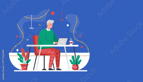 Senior man works on laptop from a modern home office setting illustrating remote business and productivity