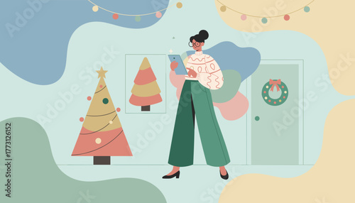Woman using tablet in modern festive home during winter holidays Digital Christmas concept