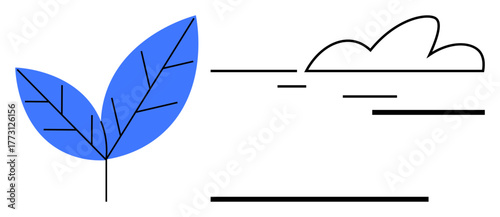 Blue leaf with linear details alongside abstract cloud and horizon lines. Ideal for nature, environment, sustainability, simplicity, growth, eco-friendliness, and mindfulness. Clean flat metaphor
