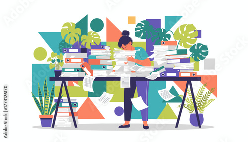 Stressed woman buried under massive paperwork and binders at her overloaded office desk