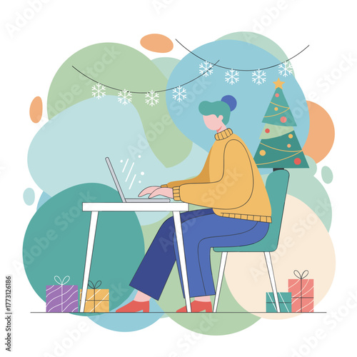 Remote work during the festive season Woman types on a laptop next to a Christmas tree and gifts