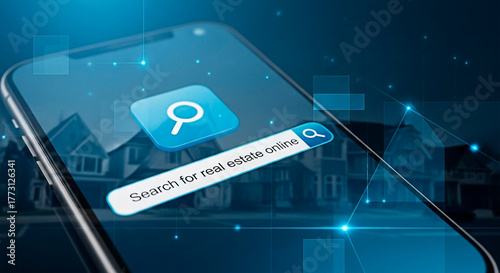 Searching real estate online on a mobile phone for the concept of technology and property.