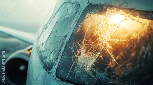 Close-up of a cracked airplane window with sunlight shining through. The scene suggests a recent plane crash, highlighting the impact of weather conditions.