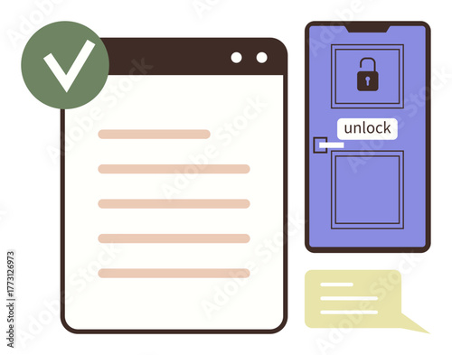 Web page with checkmark, secure door with lock and unlock text, speech bubble. Ideal for cybersecurity, authentication, privacy, digital access, approval process, unlocking simple flat metaphor