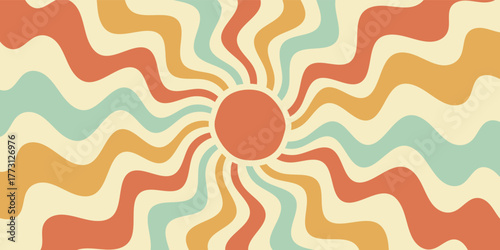 Groovy retro sun burst wave background in y2k style. Circular orange and yellow sun with wave pattern creates sunshine burst. Horizontal graphic with sunshine energy, perfect for a vintage summer