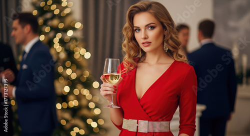 Portrait of an elegant blonde woman in a red dress holding a glass of wine at a Christmas party.