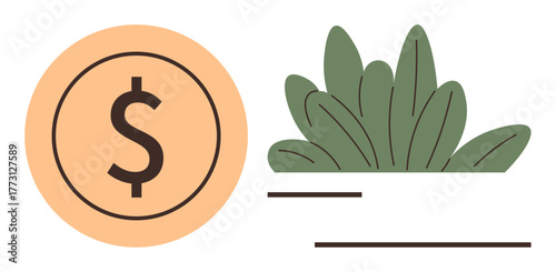 Dollar coin paired with leafy green plants, focusing on wealth, eco-friendliness, sustainability, financial growth, renewable resources, ethical investments, and environmental awareness. Simple flat
