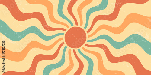 Groovy retro sun burst with wavy orange and yellow pattern in horizontal orientation. Grungy sunshine background fills the graphic with energetic y2k style and vintage burst for creative projects.