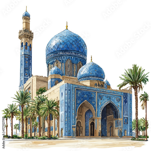 Grand Mosque Of Kuwait, watercolor drawing vector, isolated on a white background.